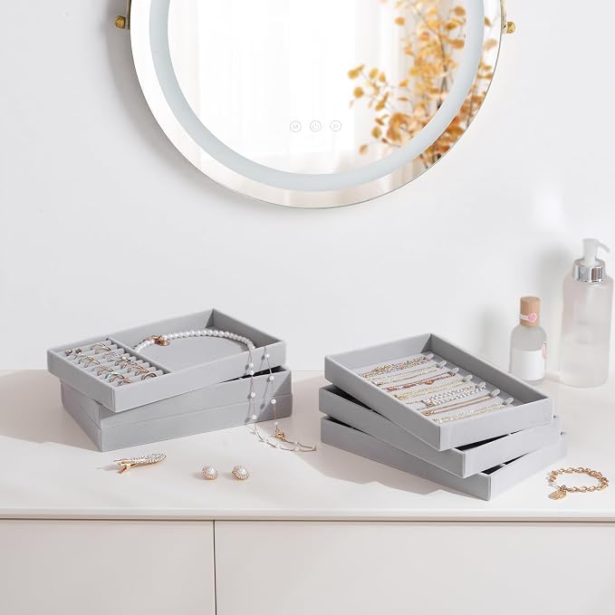 ProCase Stackable Jewelry Organizer Trays for Drawers, Jewelry Drawer Inserts Container Display Case Storage for Earring Necklace Rings Bracelet with Removable Dividers -Grey, 6 Layers
