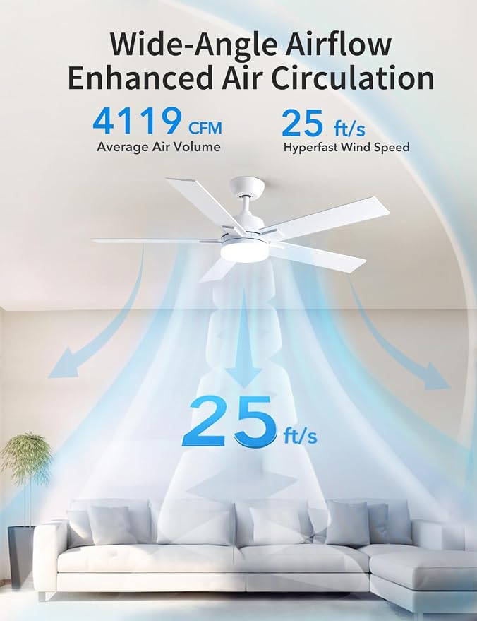 Rayqueen 52 Inch White Ceiling Fans with Lights and Remote,Includes Downrod | 6 Speed Reversible DC motor,3-color temperature dimmable LED.For indoor/covered outdoor.Modern style for bedroom room