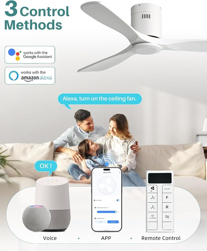 Sofucor 52 Inch Smart Ceiling Fan Without Lights Flush Mount Solid Wood Ceiling Fan with Alexa/Google Assistant/APP/Remote Control-Modern Outdoor Ceiling Fans No Light for Bedroom/Patio, White