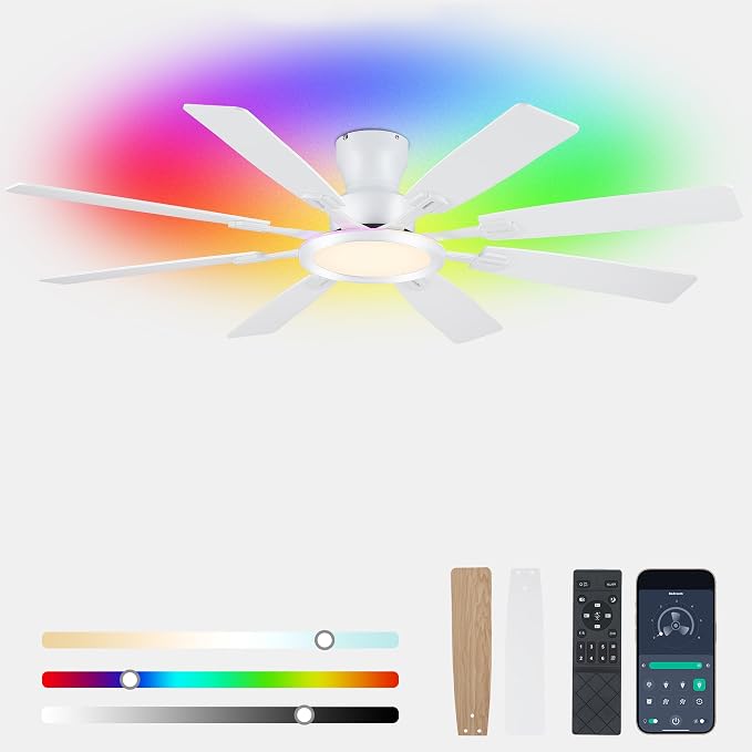 Ayaoty Ceiling Fans with Lights - 60in Flush Mount Ceiling Fan with RGB Dimmable, 3CCT 6 Wind Speeds and Reversible Quiet Motor, Low Profile RGB Fan Light for Modern Indoor, Party - White