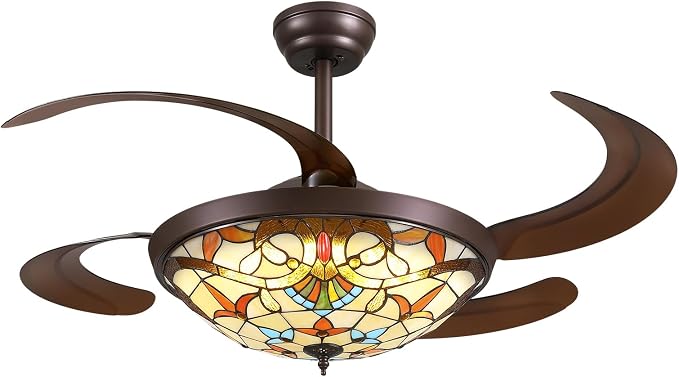 48inch Retractable Ceiling Fan Tiffany Style Chandelier Light Fixtures Ceiling with Remote & Dimmable, 6-Speed, Reversible Vintage Fandelier for Bedroom Living Room Dining Room Kitchen