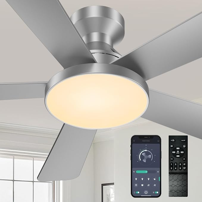 Ceiling Fans with Lights, 46" Low Profile Ceiling Fan with Light, Remote/App Control, Flush Mount Ceiling Fan for Bedroom, Indoor/Outdoor (Silver)