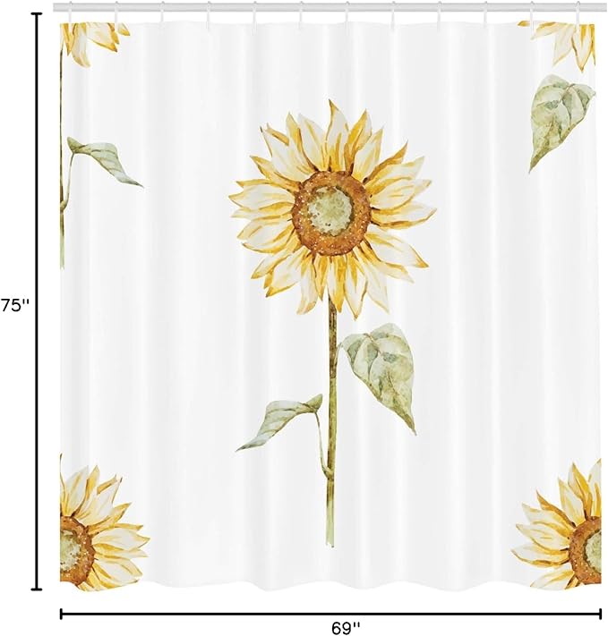 Ambesonne Sunflower Shower Curtain, Sunflowers Watercolor Painting Effect and in Minimalistic Design Art, Cloth Fabric Bathroom Decor Set with Hooks, 69" W x 75" L, Yellow Green