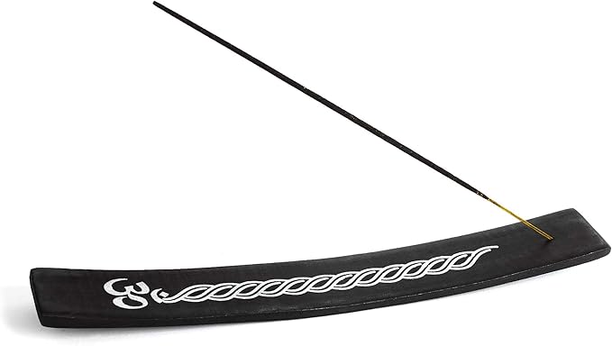 Incense Garden Wooden Incense Holder for Sticks Om Black Painted Wood 10 inches Long