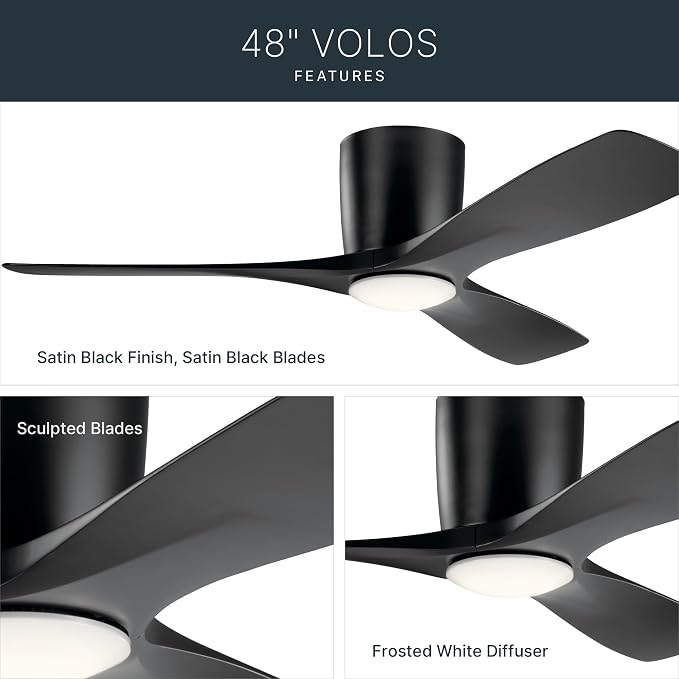 Kichler Volos 48” Indoor Ceiling Fan with LED Light and Wall Control in Satin Black, Contemporary Ceiling Fan with Light, 300032SBK