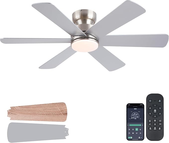 BayDay Ceiling Fans with Lights, Ceiling Fan with Remote APP, Dual-Sided Modern/Rustic, Reversible, 3CCT, Flush Mount Low Profile Ceiling Fan with Lights Bedroom Kitchen Indoor (Nickel, 46 inch)