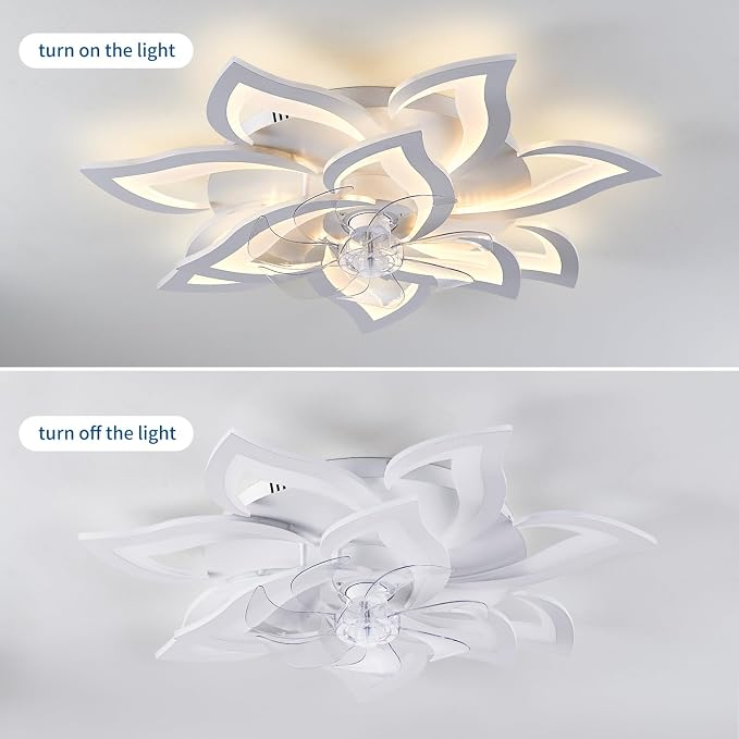 32inch White Flower Modern Ceiling Fans with Lights, Low Profile Ceiling Fan with Remote for Bedroom, Flush Mount Ceiling Fan with LED Dimmable Light,6-Speeds, Timing Ceiling Fan Light