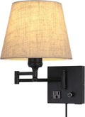 Bedside Wall Mount Light with Dimmable Switch and Outlet, Swing Arm Fabric Shade Wall Sconce Light with USB Port and Plug in Cord, Black Wall Lamp for Bedroom, Living Room and Hotel