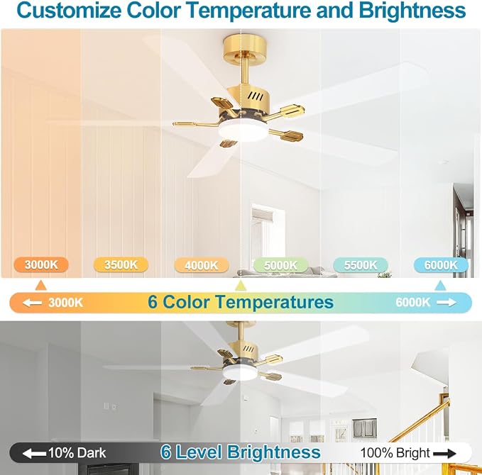 52 inch Ceiling Fan with Lights White and Gold, 3000K-6000K, 6 Wind Speeds, Dimmable LED Ceiling Fan 5 Blades, Quiet Reversible DC Motor, Modern Ceiling Fan for Bedroom, Living Room, Patio