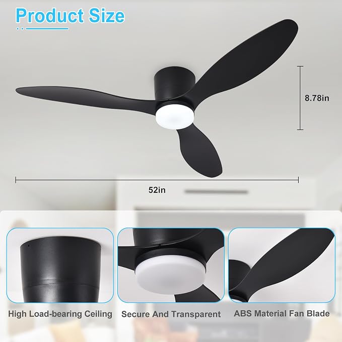 Depuley Flush Mount Ceiling Fan: 52-Inch Black Ceiling Fans with Lights for Bedroom Indoor Outdoor - Low Profile Ceiling Fans with Remote Control 24W 3CCT Dimmable 3 Reversible Black Blades 6 Speeds