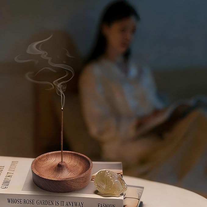 Incense Holder,Black Walnut Hand - Crafted Round Burner for Sticks with Ash Catcher 3.5‘×3.5’,Perfect for Relaxation at Home, Yoga,Spa & as a Gift