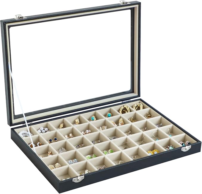 Stratalife 40 Grid Earring Organizer, Jewelry Holder Organizer with Lid | PU Leather Storage Box for Earring, Ring, Studs and Trinkets, Soft Velvet Drawer Organizer for Women, Dustproof, Beige Black
