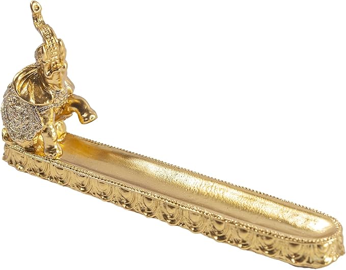 Decorative Gold Elephant Incense Holder Tray, Ornate Design with Trunk Up Figurine, Home Decor Accent Piece