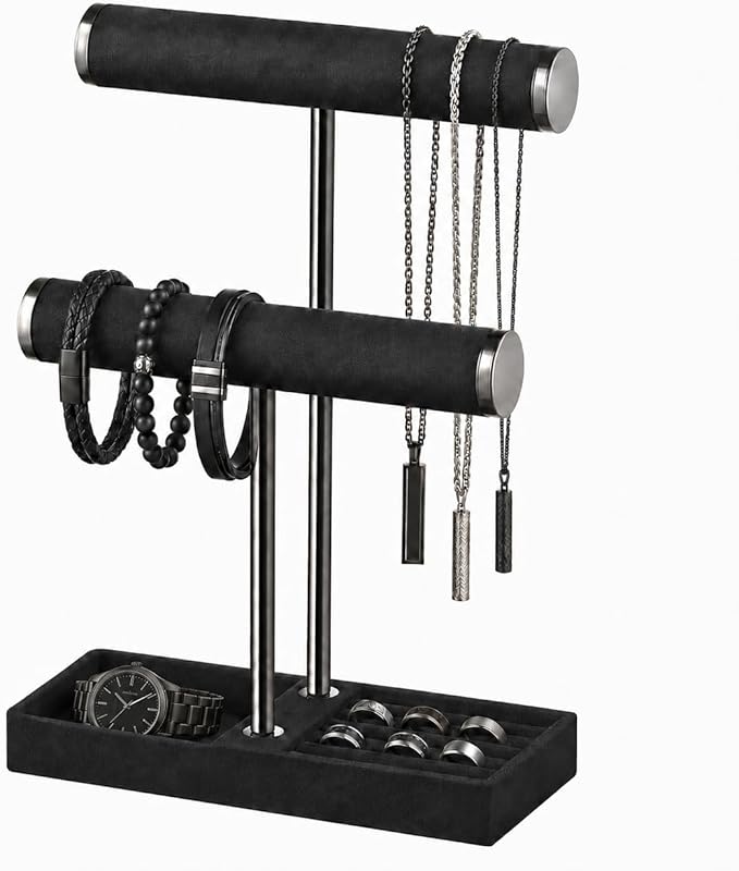 bussdis 2 Tier Bracelet Holder Display, Necklace Holder Organizer, Black | Velvet Necklace Holder | Jewelry Tree | Jewelry Towers | Jewelry Stand Organizer for Necklaces, Bracelets, Earrings, Rings