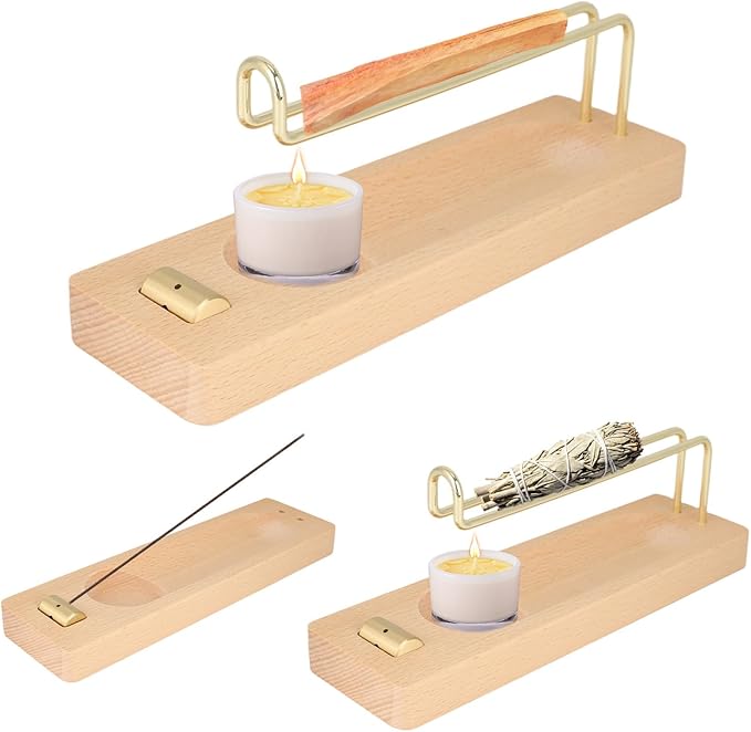4 in 1 Palo Santo Sage Burner Holder, Wood Incense Sticks & Candle Holder & Brush Sage Burning Stand for Yoga Meditation Spiritual Altar Gift Home Supplies Decor