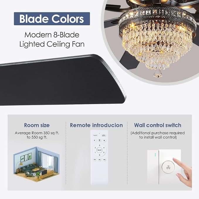72 Inch Black Large Crystal Chandelier Ceiling Fans with Lights and Remote | Supports Remote and APP,6 Reversible Wind Speeds,60W Quiet AC Motor,8 Wooden Blades,4*E12 LED Bulbs Included,for Living Room