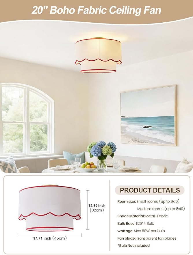 Flush Mount Ceiling Fan with Light, 18" Red Low Profile Boho Ceiling Fans with Lights Remote Control, Drum Caged Fabric with 6 Speeds for Bedroom,Nursery,Living Room