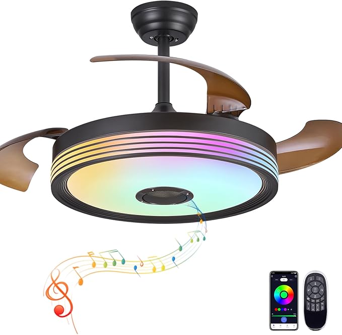 FIDGRA 48'' Retractable Ceiling Fan with Light, Bluetooth Modern Ceiling Fans with Speaker, RGB LED Lights, 6 Speeds, Reversible Motor for Bedroom, Living Room, Party-Black