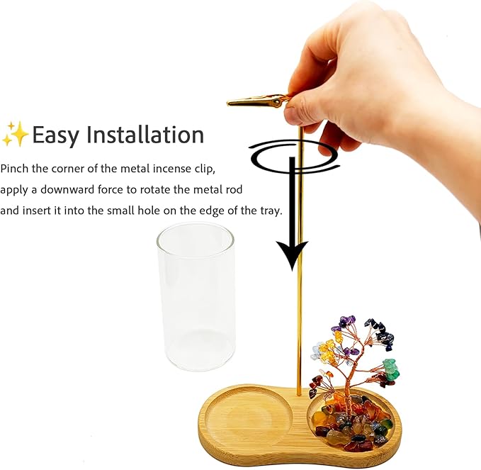 Upside-Down Hanging Incense Stick Holder with 7 Chakra Crystal Tree Design, Glass Ash Catcher & Wooden Base - Aromatherapy Accessory for Meditation, Yoga & Home Decor