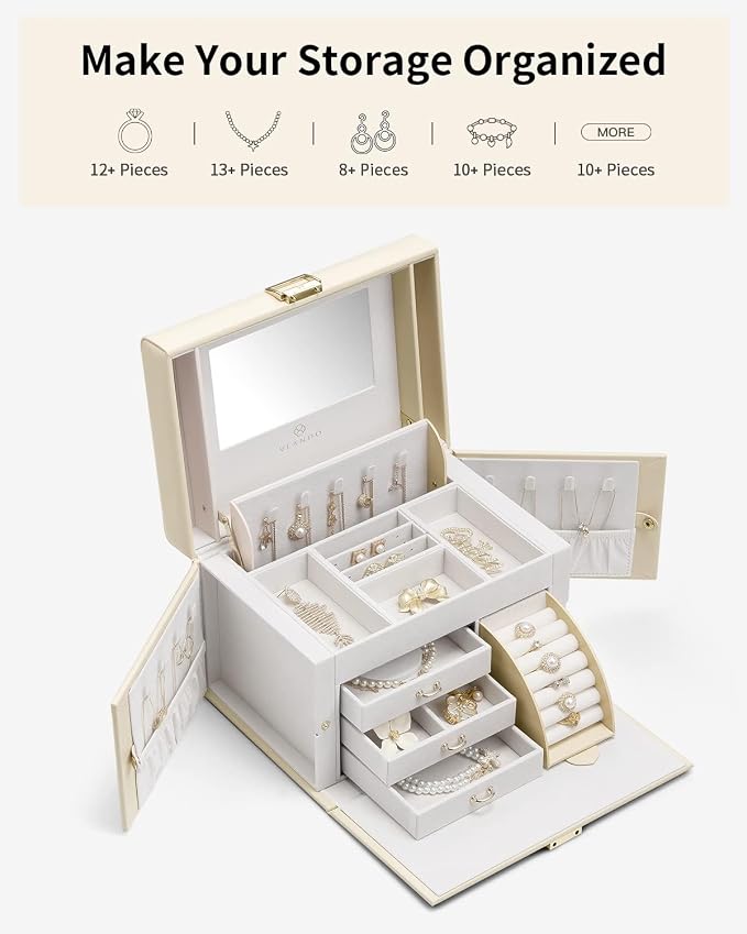 Vlando Jewelry Box Organizer for Girls Women, Large Baroque Jewelry Storage Box with Mirror, Drawers for Bracelets, Earrings, Rings, Necklaces, Mothers Day Gifts for Loved One, Apricot White