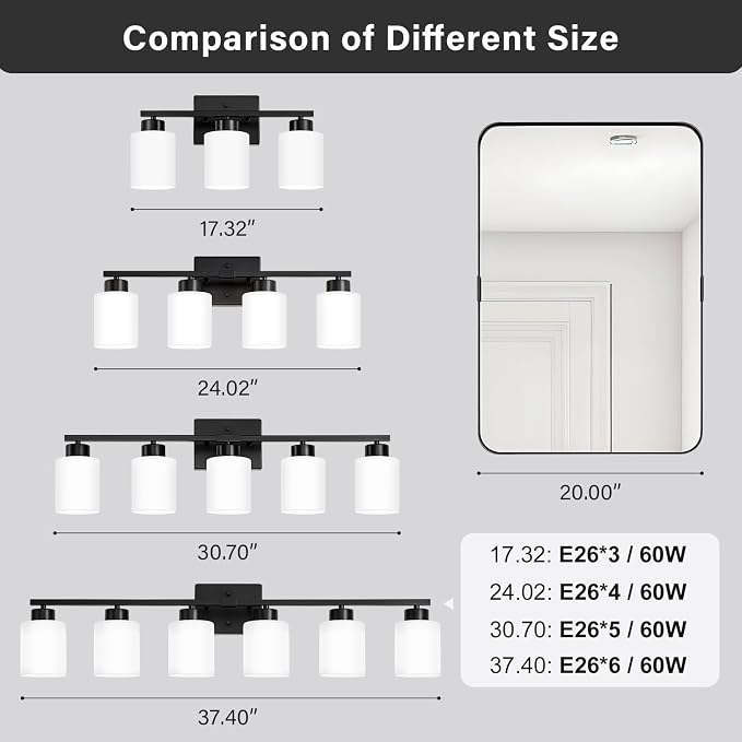 FonmYim Black Bathroom Light Fixtures, 6-Light Modern Vanity Light Over Mirror, Wall Sconces with Milky White Frosted Glass Shades, E26 Socket (Bulbs Not Included)