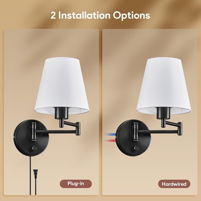VONLUCE Wall Sconce Set of 2, Plug in & Hardwired Swing Arm Wall Lamps, Adjustable Wall Mounted Lighting Fixtures, Modern Wall Lights with Black Base White Fabric Shade for Bedside, Hallway, Study