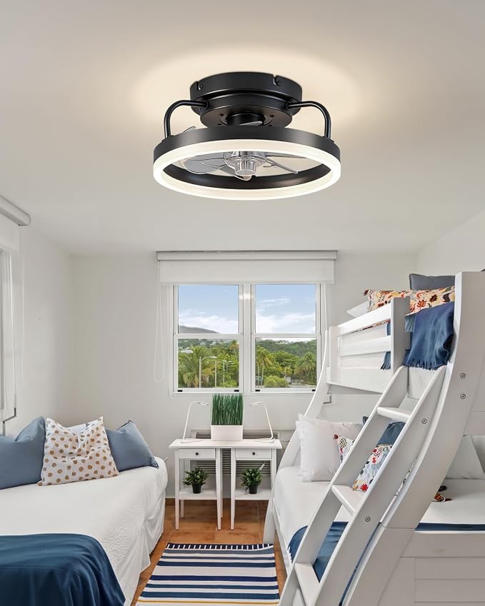 Ceiling Fan with Lights, Low Profile Ceiling Fans with Lights and Remote, Flush Mount LED Fan Light, Modern Bladeless Fandelier for Bedroom Works with APP, 12IN Black