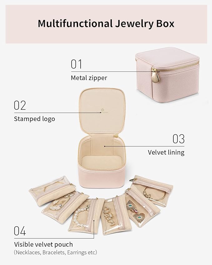 Vlando Travel Jewelry Case,Jewelry Organizer with 6 zipper velvet Jewelry bags for Women Girl,Wedding Birthday Gift Ideas for Women Earrings Rings Storage Gift Box Packaging Pink