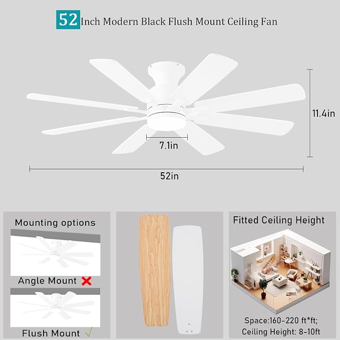KNUN 52 Inch Ceiling Fan with Light, Low Profile Ceiling Fans with Remote and APP Control, 8 Blades, Noiseless, DC Motor, Flush Mount Ceiling Fan for Bedroom Living Room, Indoor/Outdoor White