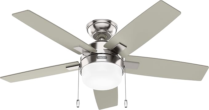 Hunter 44" Anisten Indoor Ceiling Fan, Light, Pull Chain, Brushed Nickel | WhisperWind whisper-quiet motor, DuraLight lens, and 3" downrod support bedrooms, offices, and small rooms year-round.