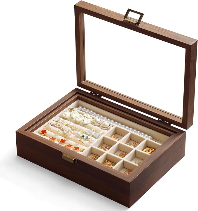 2-Layer Glass Lid Walnut Jewelry Box for Women, Vintage Style Solid Wood Jewelry Organizer and Display Case, Ideal Gift for Rings, Earrings, Necklaces & Bracelets