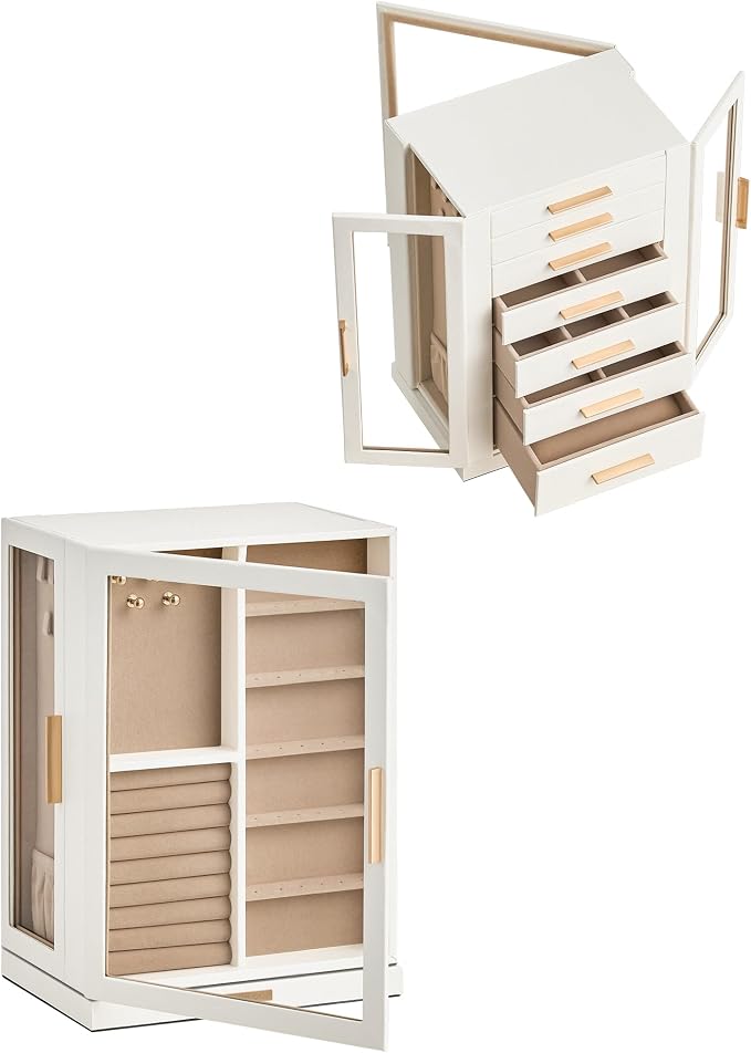 Glimmloop 360° Rotating Jewelry Box with 7 Drawers, Spacious Vertical Jewelry Organizer with Glass Window, Jewelry Storage Case, Dustproof & Moisture-resistant Design, White
