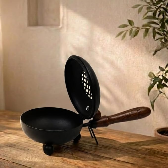 ServDharm Incense Holder Metal Black (3.4” Diameter) | Incense Burner with Wooden Handle | Loban Dhoop Holder for Home Decor, Puja, Meditation, Yoga, Spa and Gifting