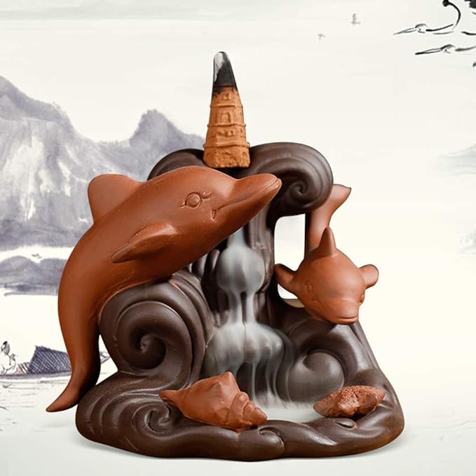 Backflow Incense Waterfall Burner, Cute Cone Holder Dolphin Decor Purple Clay Smoke Fountain Aromatherapy Ornamental with 10 Incense Cone Gift for Home Room Office Desk Indoor Meditation Yoga