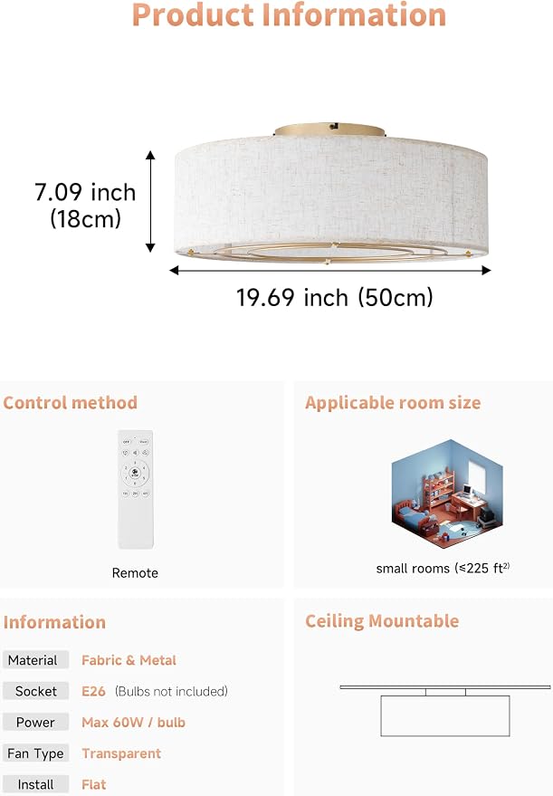 Ceiling Fans with Lights, 20" Boho Ceiling Fan with Light Flush Mount, Drum Rattan Low Profile with 6 Speeds, Remote Control for Bedroom, Nursery, Living Room