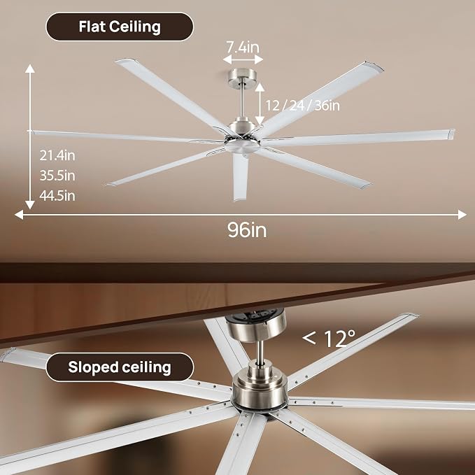 Minislak 96 Inch HVLS Aluminum 7 Blades Industrial & Commercial Ceiling Fan no Light,8ft High CFM DC Motor,6-Speed,Indoor Outdoor Brused Nickel Ceiling Fan for Patio,Garage,Shop,Library