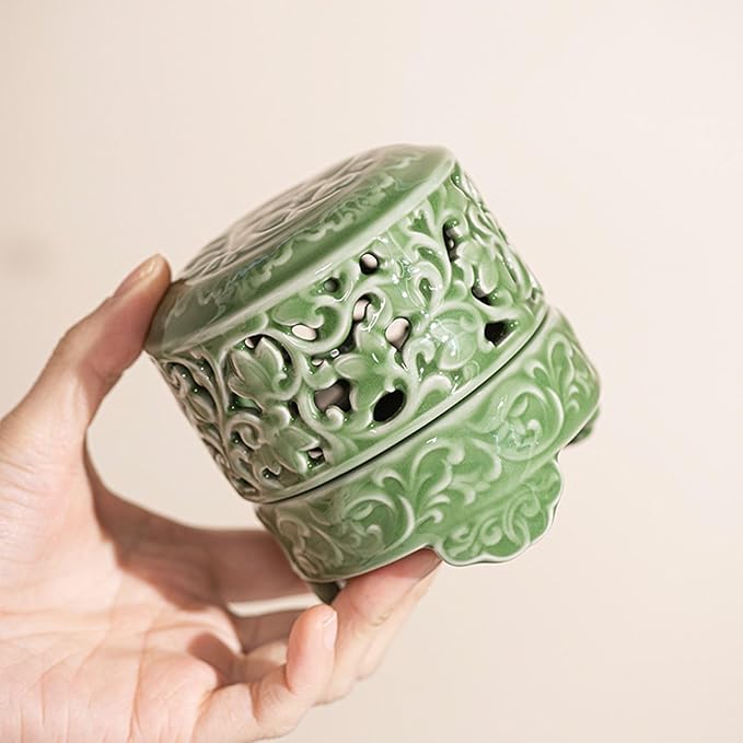 Mini Ceramic Incense Burner - Chinese Classic Plum Green Celadon Glaze, Fragrance Cone & Stick Holder Palo Santo/Sage/Herb Burner for Meditation, Yoga, Desk Decor, Zen Relaxation Gift (Cloud-A)