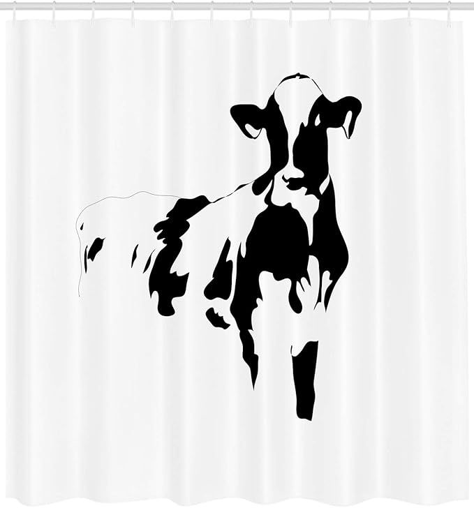 Ambesonne Rustic Shower Curtain, Simple Silhouette Style Portrait of a Cow Milk Farm Animals Agriculture Themed Illustration, Cloth Fabric Bathroom Decor Set with Hooks, 69" W x 84" L, Black White