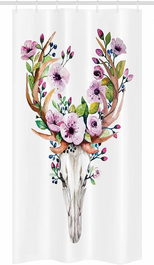 Ambesonne Skull Stall Shower Curtain, Deer Animal Floral Horns Nature Cycle Inspired Dead and Living Art Print, Fabric Bathroom Decor Set with Hooks, 36" W x 72" L, Brown Purple