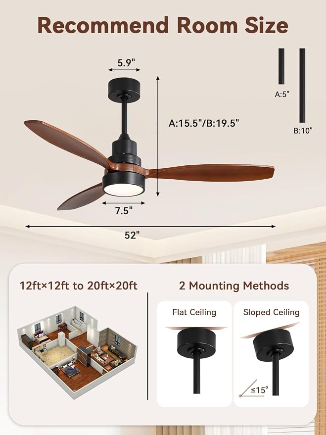 Sofucor Ceiling Fan with Lights and Remote, 52 inch Modern LED Wood Ceiling Fan with Downrods, for Indoor Bedroom Living Room Outdoor Patio Porch, Reversible, Quiet and Powerful