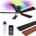 Brown RGB Ceiling Fans with Lights - 46" Flush Mount Ceiling Fan with Remote APP, RGB+3CCT Dimmable Led Light, Reversible 6 Wind Speeds&2H Timer, Low Profile Modern Fan Light Fixture for Bedroom Party