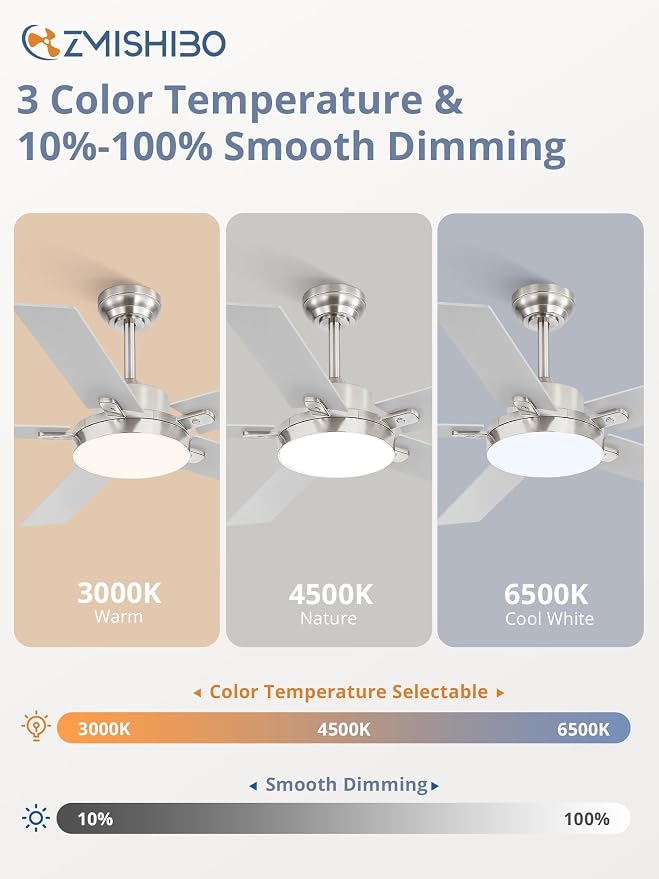 ZMISHIBO 52 Inch Ceiling Fans with Lights, Smart Remote/APP Control, Modern Ceiling Fan with 6 Speeds & 3CCT, Dimmable 30W LED, Quiet DC Motor, Noiseless for Living Room, Bedroom, Kitchen, Nickel