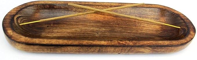 Dinil Incense Burner Holder – 11 Inch Natural Wood Ash Tray – Double Holes for Mixing Scents – Rustic Brown Finish – No Mess Elegant Design – Ideal for Yoga, Meditation Room, Home