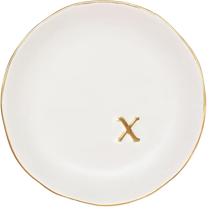 COLLECTIVE HOME Ceramic Jewelry Tray, Trinket Dish, Gifts for Women (X) | Mother's Day, Birthday, Christmas, Engagement Gifts, Vanity, Nightstand Decor, Embossed Gold Monogram Ring Dish with Gift Box