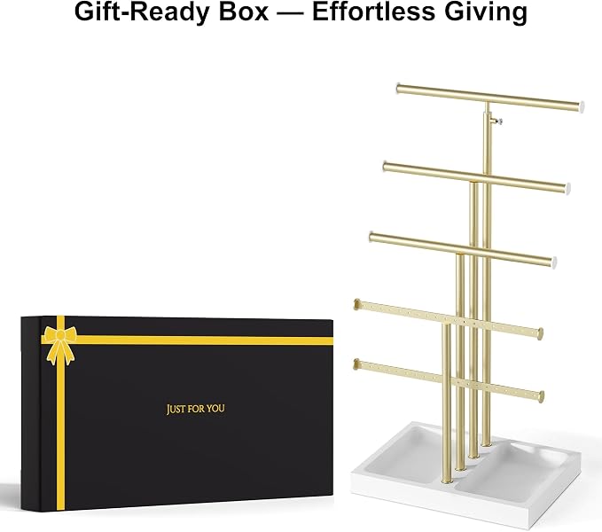 Love-KANKEI Jewelry Organizer Stand 5-Tier,Adjustable Height,White/Gold | Metal Rod,Solid Wood Base,Easy to Install,Tree Style,Display Long Necklaces,Bracelets,Earrings,Rings,Watches,Bangles,Gift