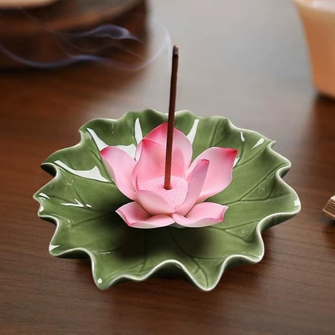 CREATCABIN Lotus Ceramic Incense Holder Incense Burner Stick Detachable Ash Catcher Lotus Leaf Burners Tray for Sticks Home Yoga Teahouse Zen Buddhist Altar Purify Spiritual Supplies Hot Pink 3.54in