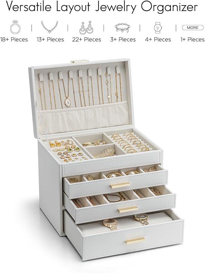 VLANDO 4 Layer Large Jewelry Box - Jewelry Holder Organizer, Jewelry Box Organizer for Drawer Necklace Ring Bracelet and Watch, Birthday Gift for Loved Ones - White
