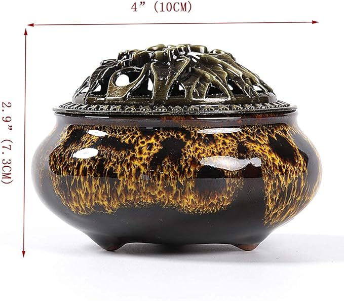 Incense Burner with Calabash Incense Stick Holder - Porcelain Charcoal Censer for Use with Resin Granular Powder Cone or Coil Incense (Fambe Yellow)