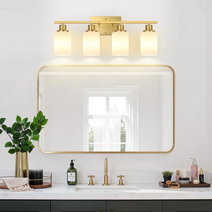 Indoi 4-Light Bathroom Light Fixtures, Brushed Gold Modern Vanity Lights with Milky White Shades, Bathroom Wall Lamp for Mirror Living Room Cabinet Bedroom Porch