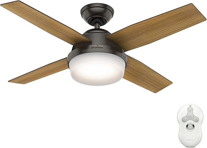 Hunter 44 inch Indoor Ceiling Fan with LED Light and Remote Control - Bronze Modern Ceiling Fan, Standard Mount, 4 Blades, For Bedroom, Living Room, or Kitchen - Dempsey 59444, Noble Bronze